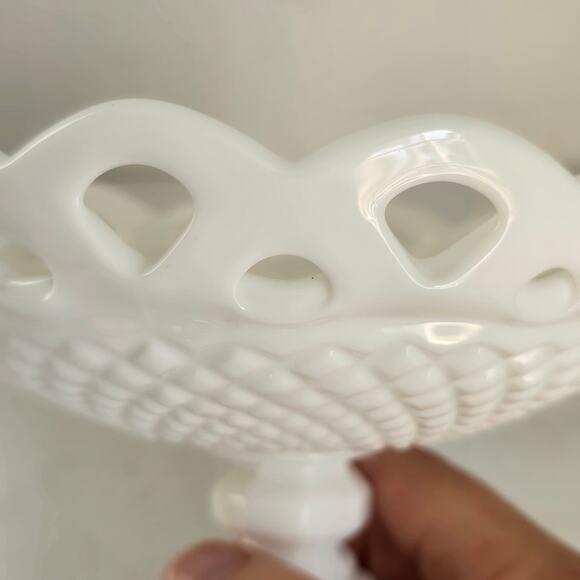 Vintage Imperial Milk Glass Compote White Reticulate Lace Edge Diamond Point - Picture 4 of 11